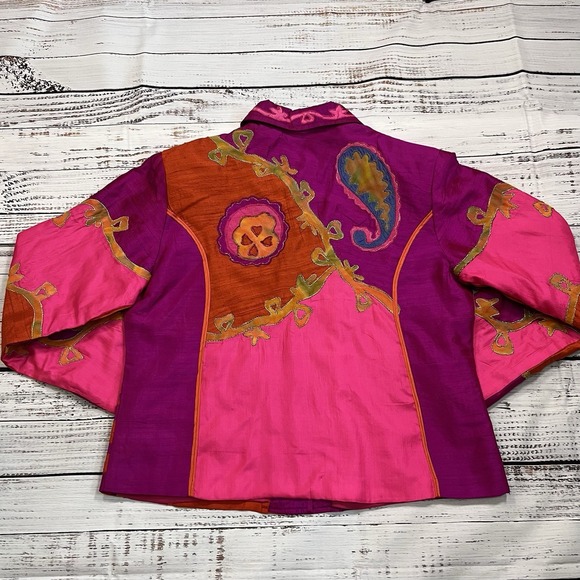 Vtg Sandy Starkman Women's M Boho Pink Neon Bright Silk Blend Embroidered Jacket - Picture 8 of 9